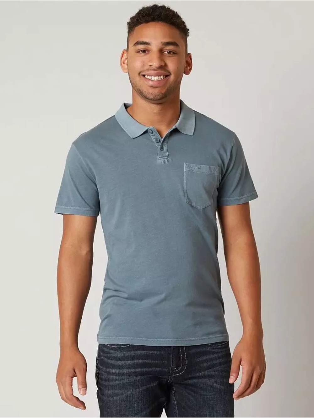 Men's Slim Fit Cotton Pigment Slate Blue Short-Sleeve Polo with Chest Pocket
